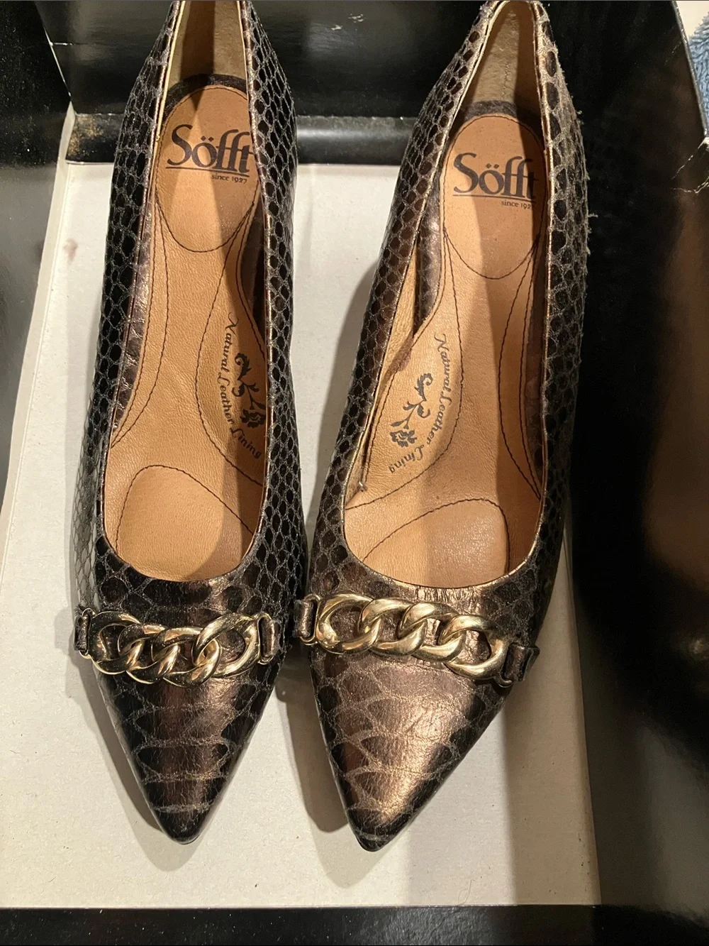 Sofft Metallic Black Snakeskin-Print Pointed Toe Wedges with Gold Chain